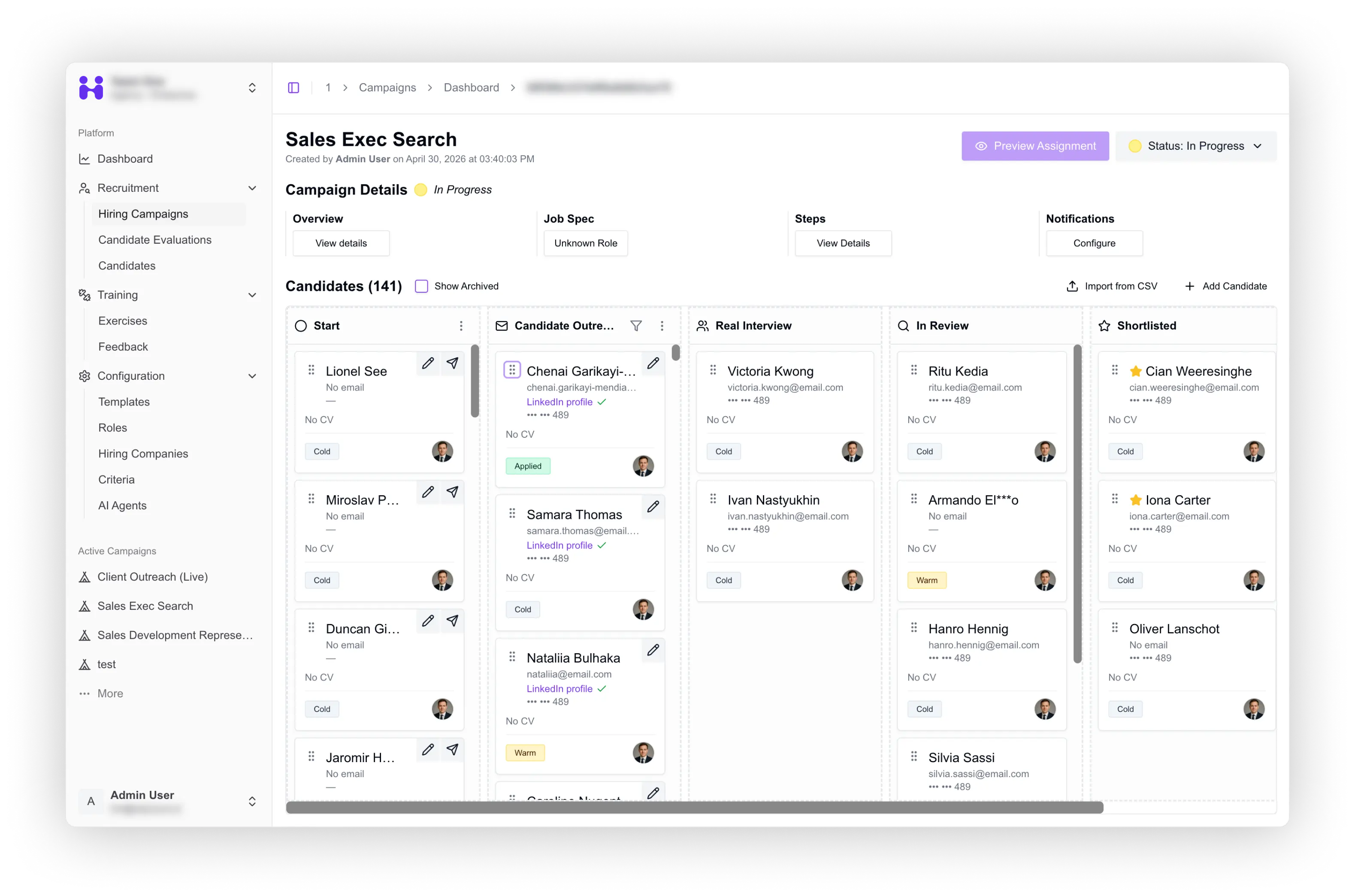 Hirevanto campaign flow: kanban-style pipeline stages